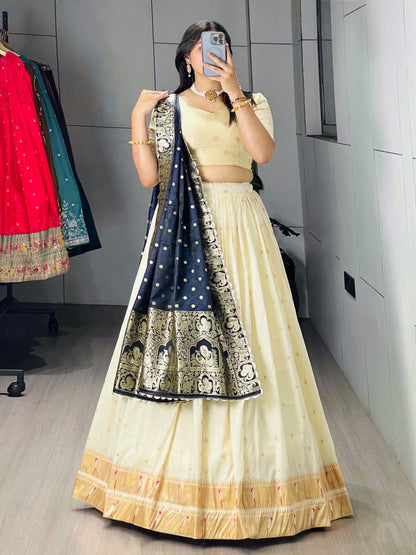 Exquisite Paithani Silk Lehenga Choli with Iconic Gold Zari Border and Satin Silk Dupatta
