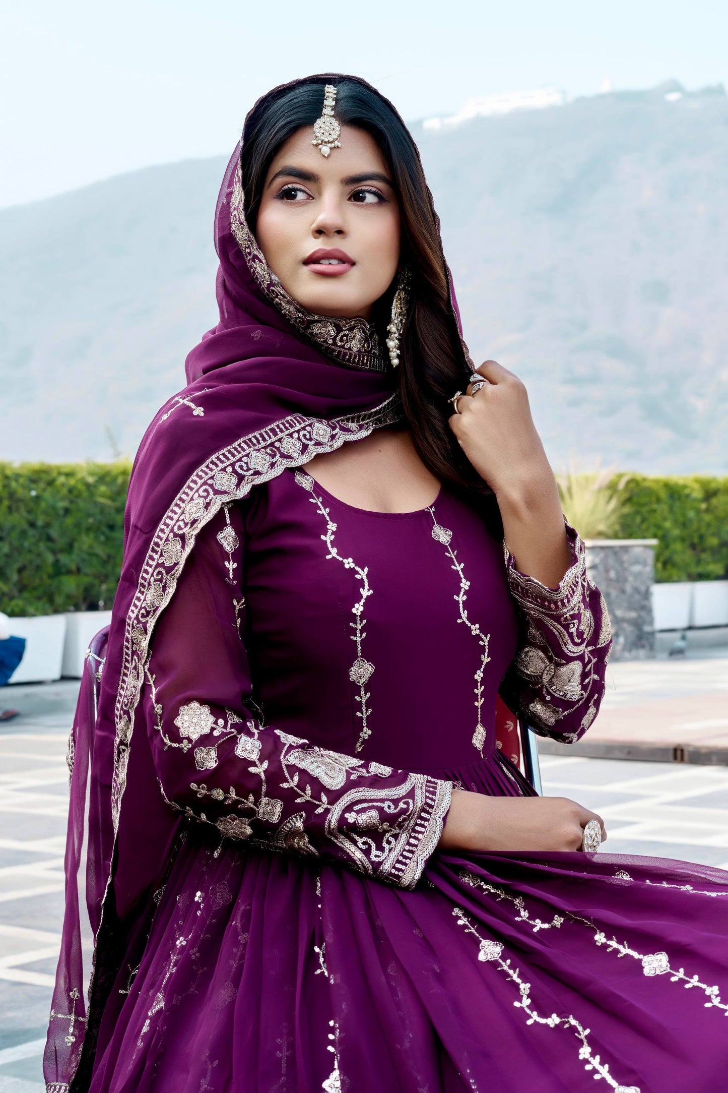 RangBhoomi Festival Long Gown with Matching Dupatta – Elegant Fox Georgette Ensemble with Heavy Sequin Embroidery