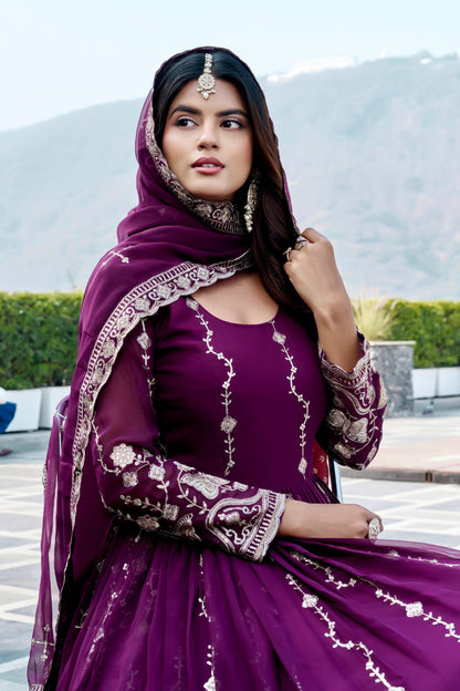 RangBhoomi Festival Long Gown with Matching Dupatta – Elegant Fox Georgette Ensemble with Heavy Sequin Embroidery