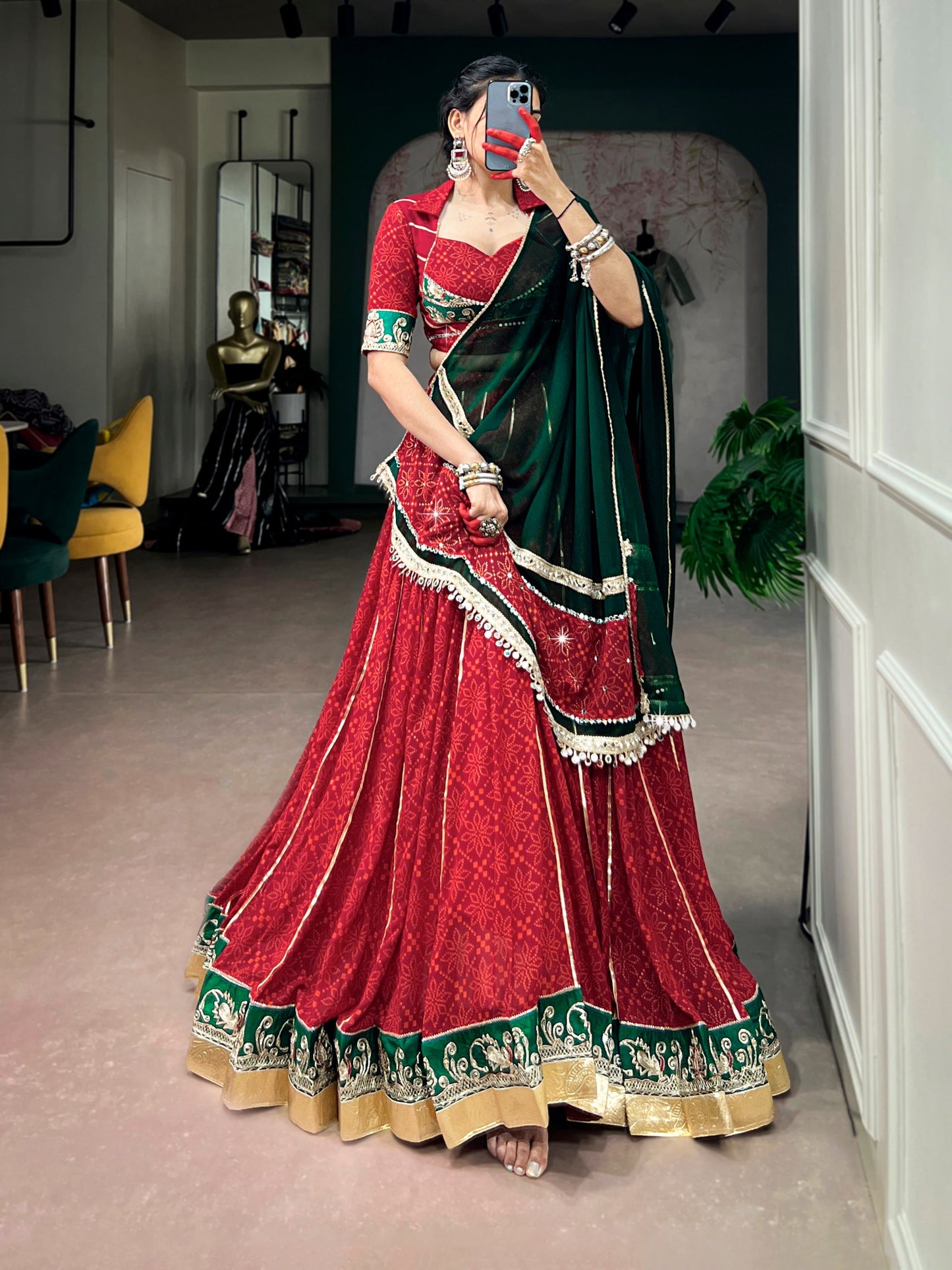 RangBhoomi Navratri 2026 Georgette Bandhej Foil Print Lehenga Set with Mirror Lace Dupatta