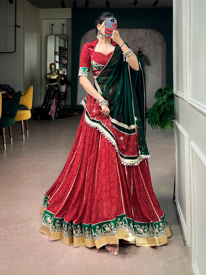 RangBhoomi Navratri 2026 Georgette Bandhej Foil Print Lehenga Set with Mirror Lace Dupatta