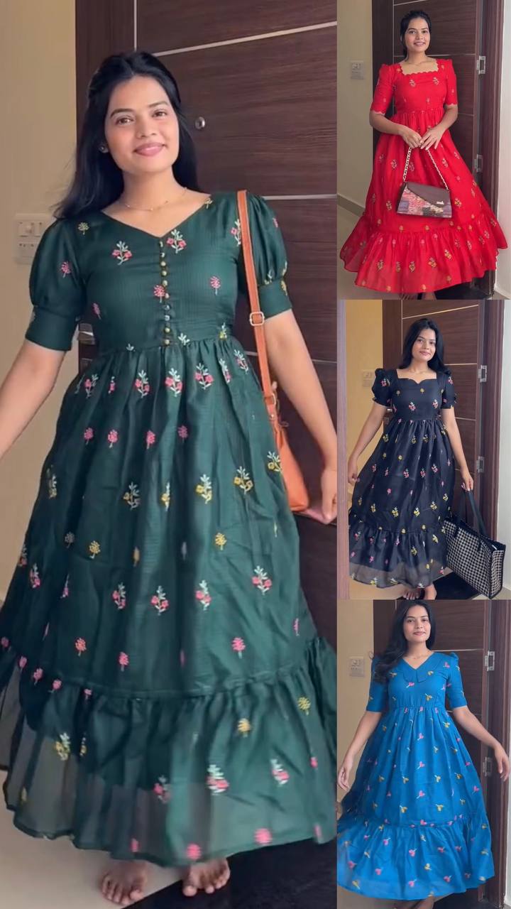 RangBhoomi Summer Floral Embroidered Kota Checks Midi Gown - Soft Kota, Micro Cotton Lining