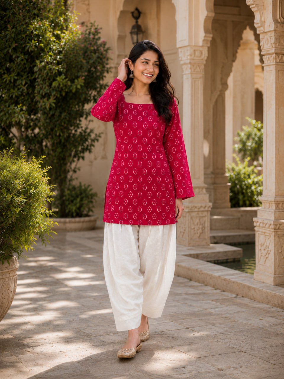 RangBhoomi Premium Cotton Bandhej Printed Top and Linen Cotton Farsi Style Pant Set