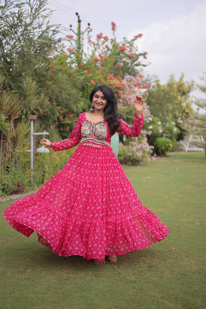 RangBhoomi Bandhani & Kutchi Patchwork Faux Georgette Gown — Full Sleeve, 12m Flair, Cotton Lining