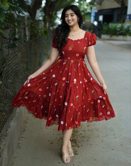 Terra Maxi Floral Embroidered Chanderi Cotton Dress by RangBhoomi