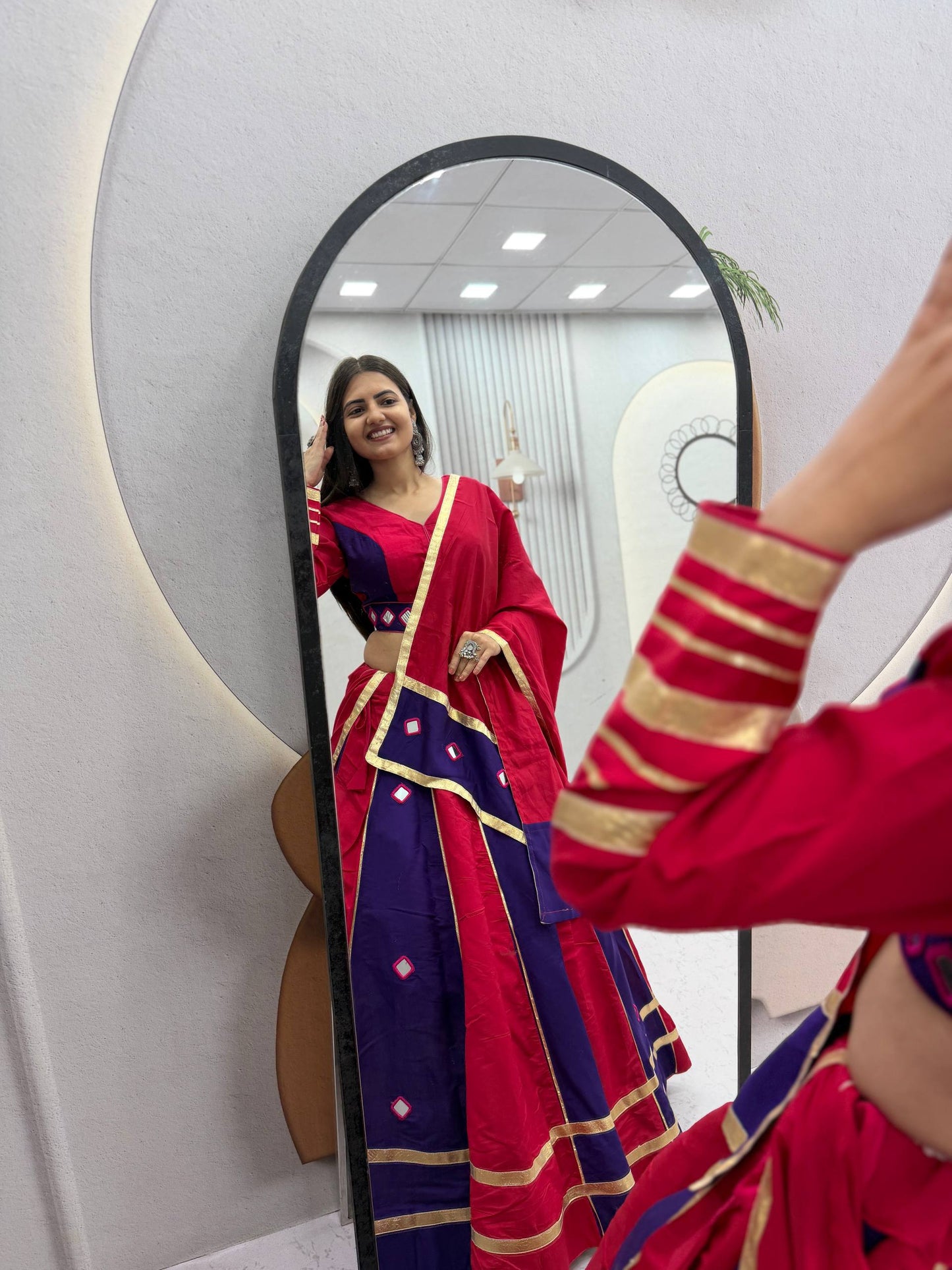 RangBhoomi Navratri Mirror-Work Roman Silk Lehenga Choli - 6+ Meter Flair