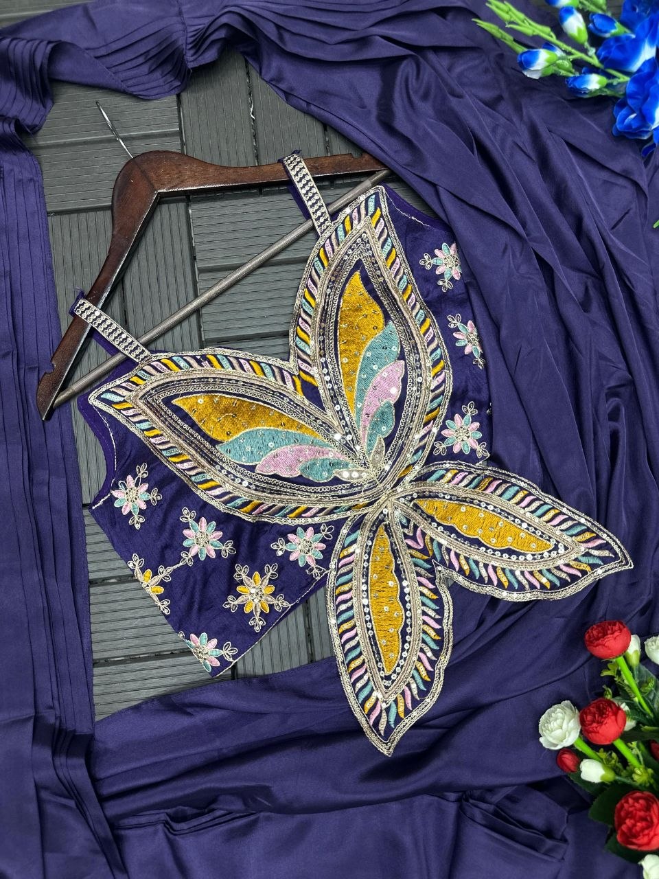 RangBhoomi Ready-to-Wear Saree with Elegant Embroidery and Sequined Blouse – Heavy Crepe Fabric