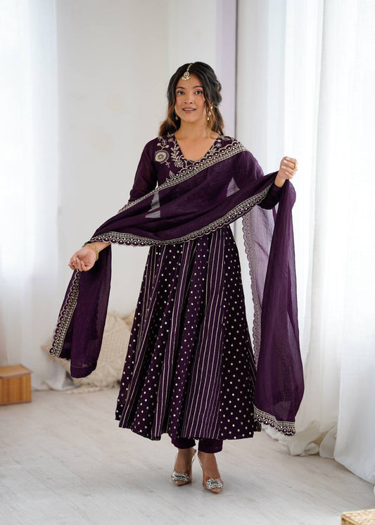 Festive Ready-to-Wear Fully Stitched Anarkali Gown Set with Embroidered Sequins and Lace-Trimmed Dupatta