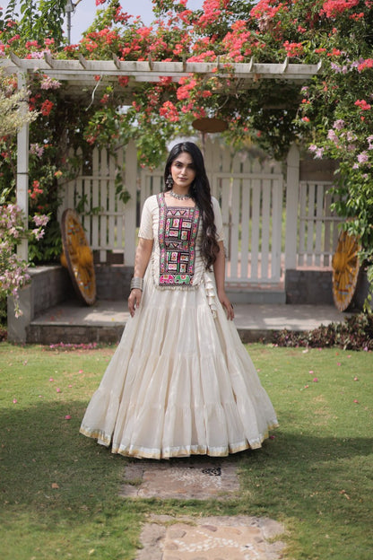 RangBhoomi Navratri 2026 Kora Cotton Full-Stitched Lehenga & Blouse Set — L (40", Adjustable 38–44)