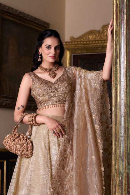 Elegant Gold Crush Lehenga Ensemble with Embroidered Sequins Blouse and Matching Dupatta