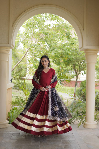 RangBhoomi Navratri Gown & Dupatta Collection 2026 – Full-Sleeve V-Neck Reyon Gown with Georgette Dupatta