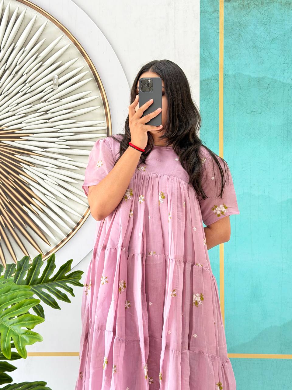 Elegant Floral Mull Cotton Chanderi Midi Gown for Summer – Embroidered, Fully Stitched, Available in Multiple Sizes