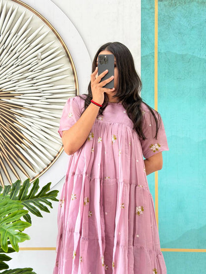 Elegant Floral Mull Cotton Chanderi Midi Gown for Summer – Embroidered, Fully Stitched, Available in Multiple Sizes