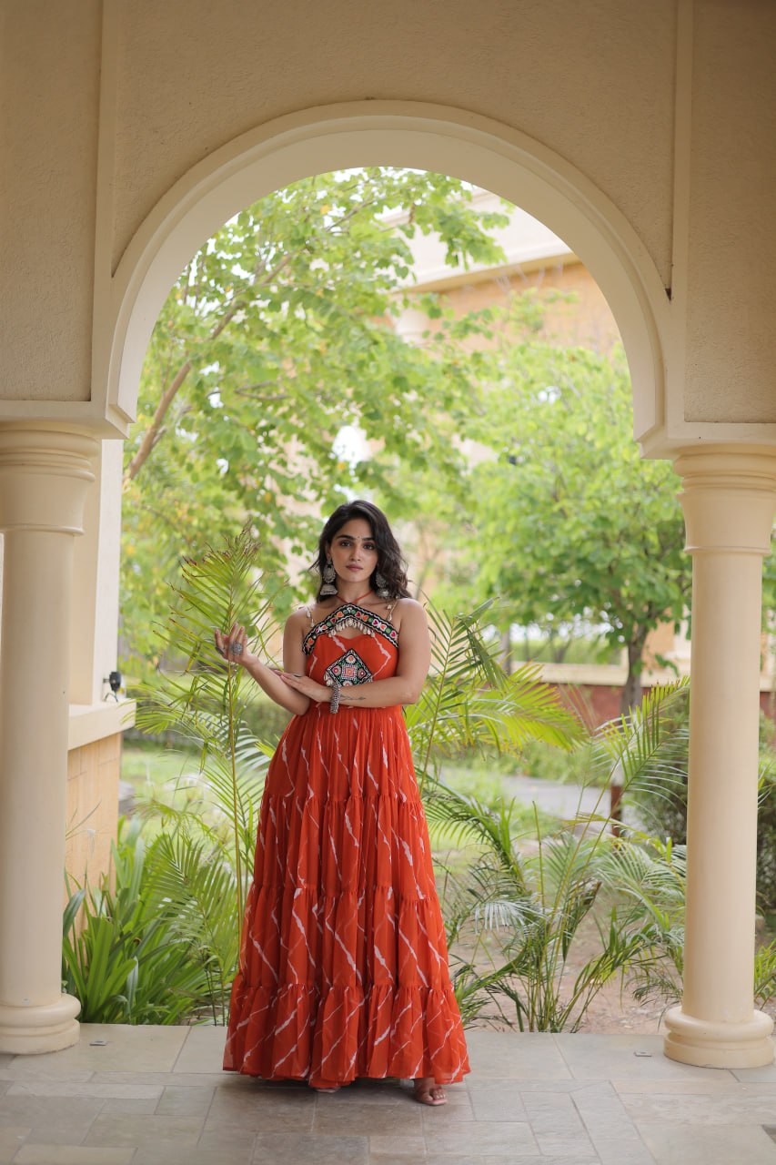 RangBhoomi Navratri Laheriya Patchwork Faux Georgette Gown - Sleeveless 56" Length, L (Adjustable 38-44)