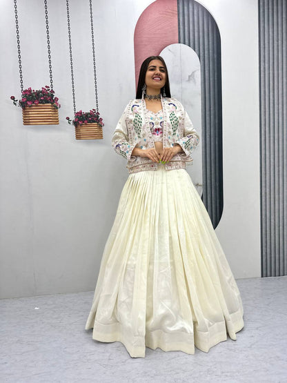 Festival Special Vichitra Silk Crop Top Lehenga Jacket Set with Heavy Thread and Sequin Embroidery by RangBhoomi