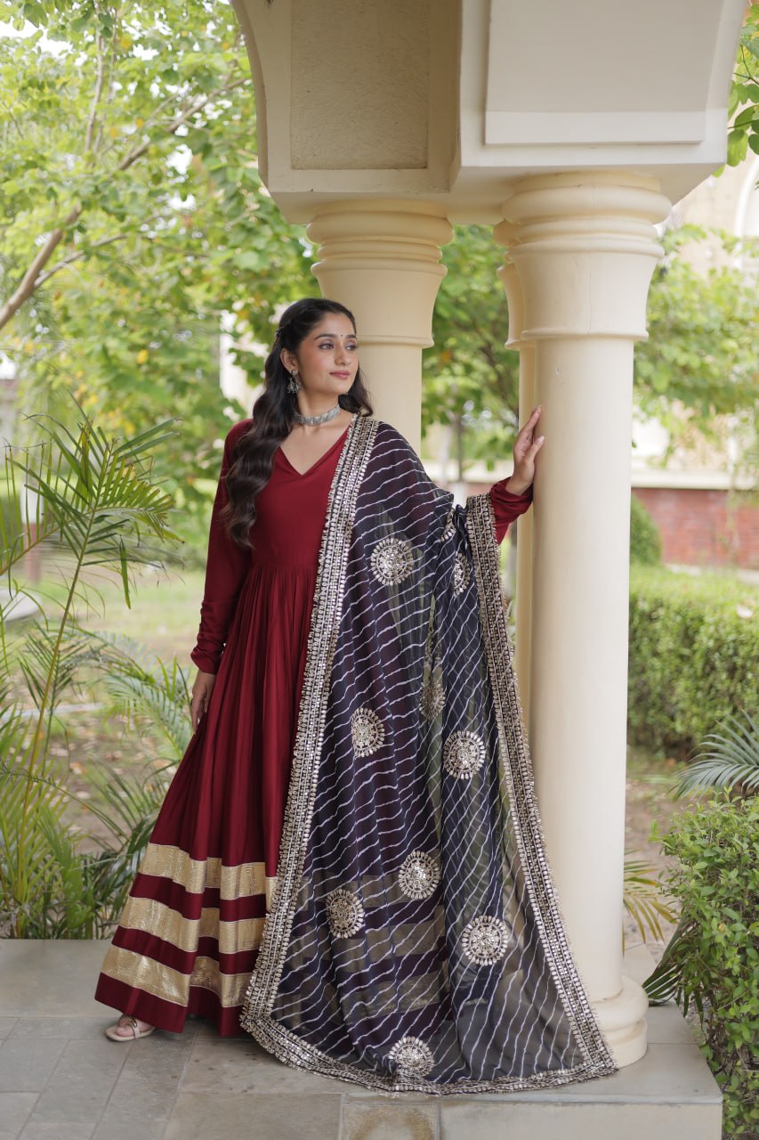 RangBhoomi Navratri Gown & Dupatta Collection 2026 – Full-Sleeve V-Neck Reyon Gown with Georgette Dupatta
