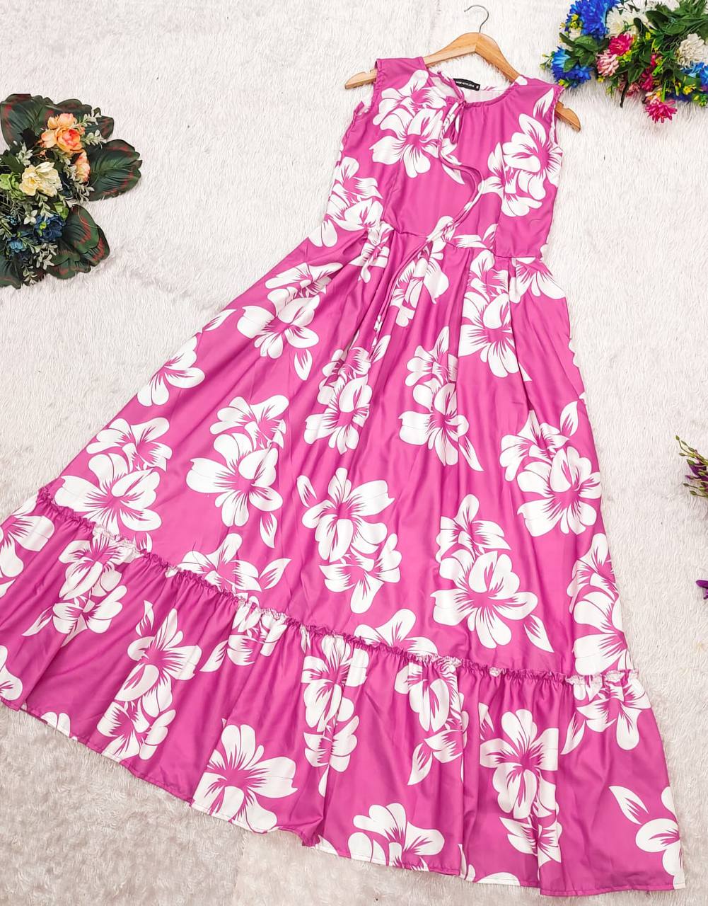 Pink blossom cotton dress, South Indian style, laid flat showing full print.