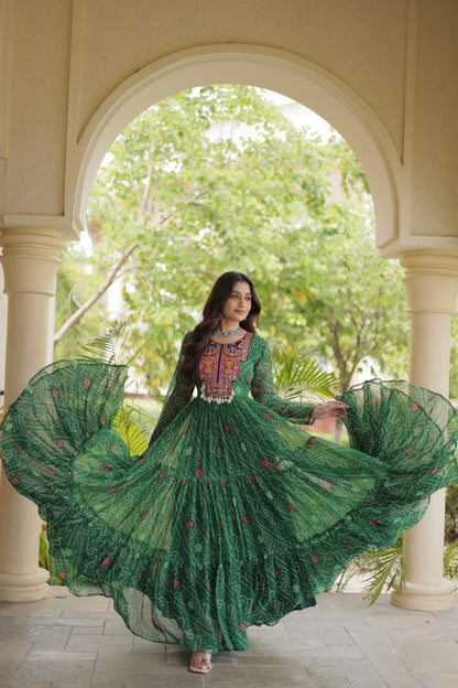 RangBhoomi Bandhani & Kutchi Patchwork Faux Georgette Gown — Festive Navratri Edition