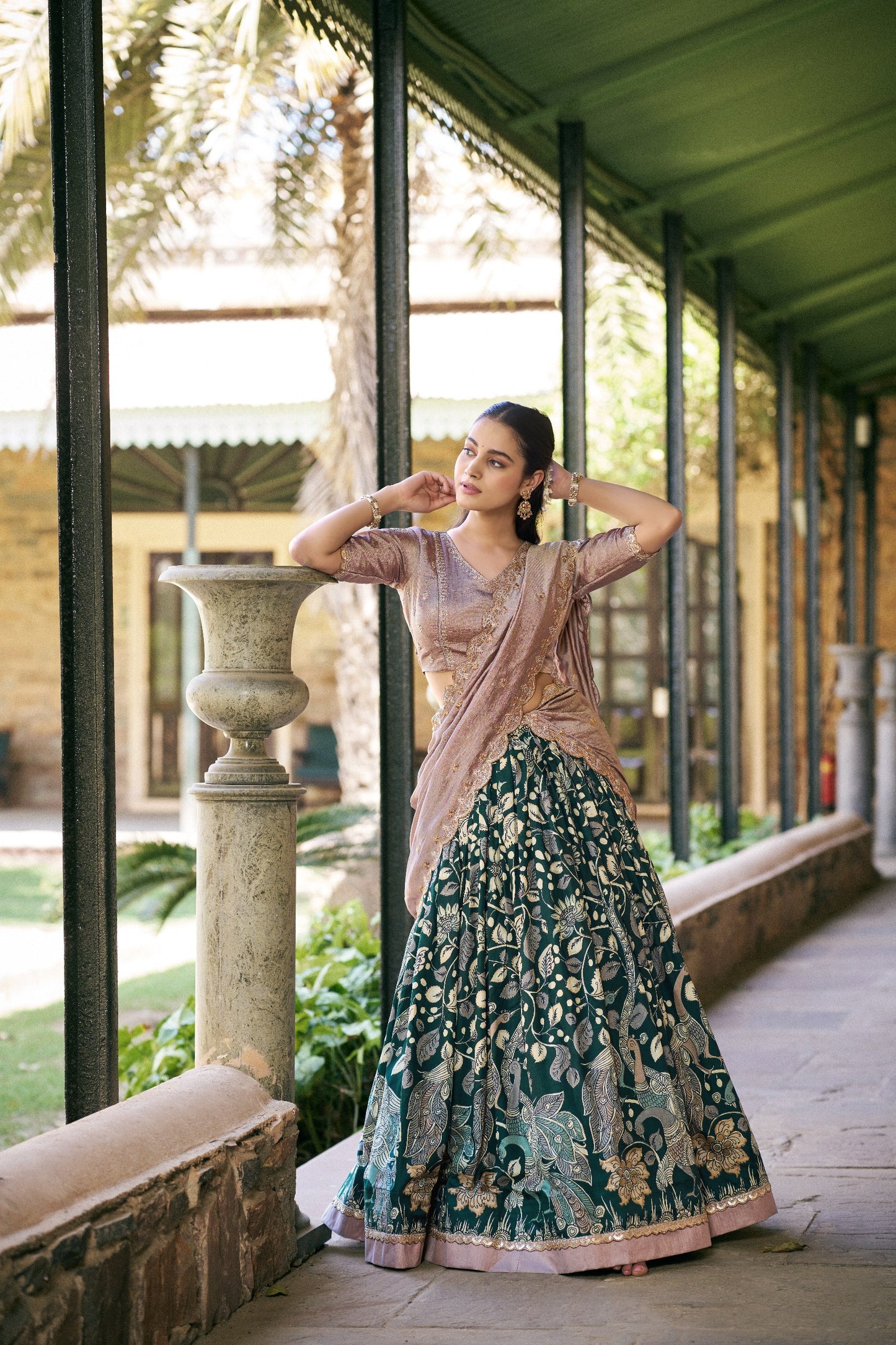Elegant Kalamkari Silk Lehenga Set with Embroidered Dupatta for Festive and Traditional Occasions
