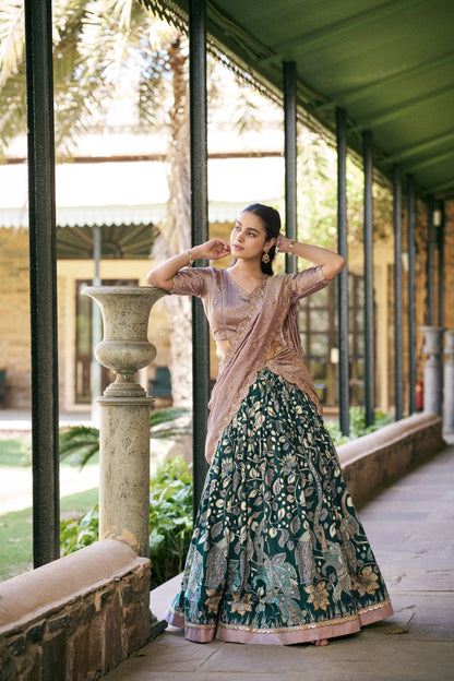 Elegant Kalamkari Silk Lehenga Set with Embroidered Dupatta for Festive and Traditional Occasions