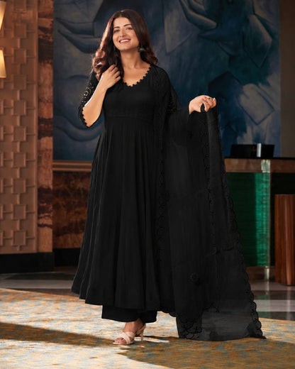 RangBhoomi Black Georgette Anarkali Set with Mirror Embroidery — Eid Special