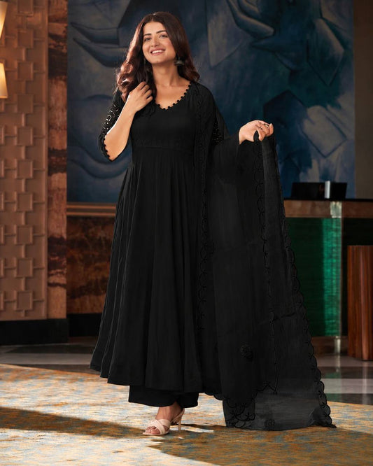 RangBhoomi Black Georgette Anarkali Set with Mirror Embroidery — Eid Special