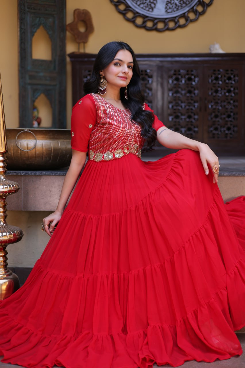 RangBhoomi Premium Designer Ready-to-Wear Gown Collection in Red and Pink