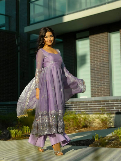 RangBhoomi Designer Party Wear Two-Tone Fandy Silk Embroidered Gown with Dupatta & Plazo