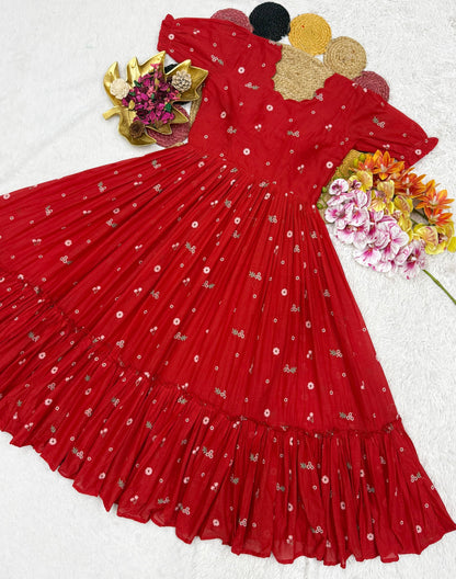 Exclusive Summer Mull Chanderi Gown with Floral Embroidered Thread Work – Elegance and Comfort Perfectly Combined