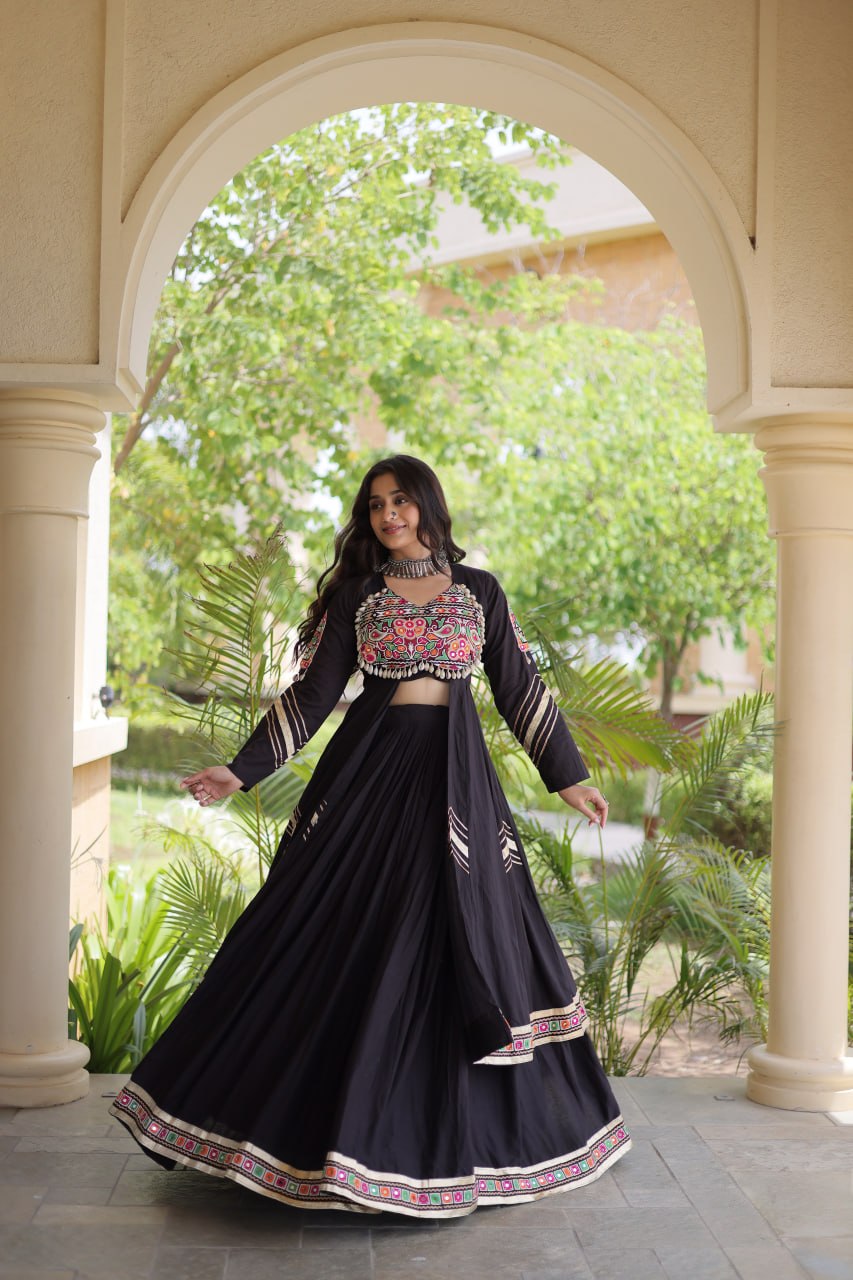 RangBhoomi Feather-Light Jacket Lehenga Set – Lotus Handwork, Long Jacket Ready-to-Wear