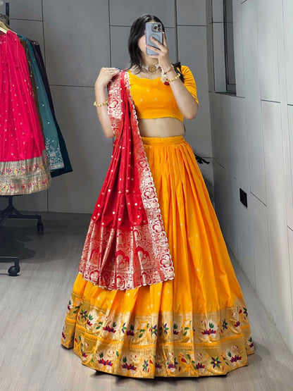 Golden Paithani Silk Lehenga with Intricate Zari Weaving and Satin Silk Dupatta