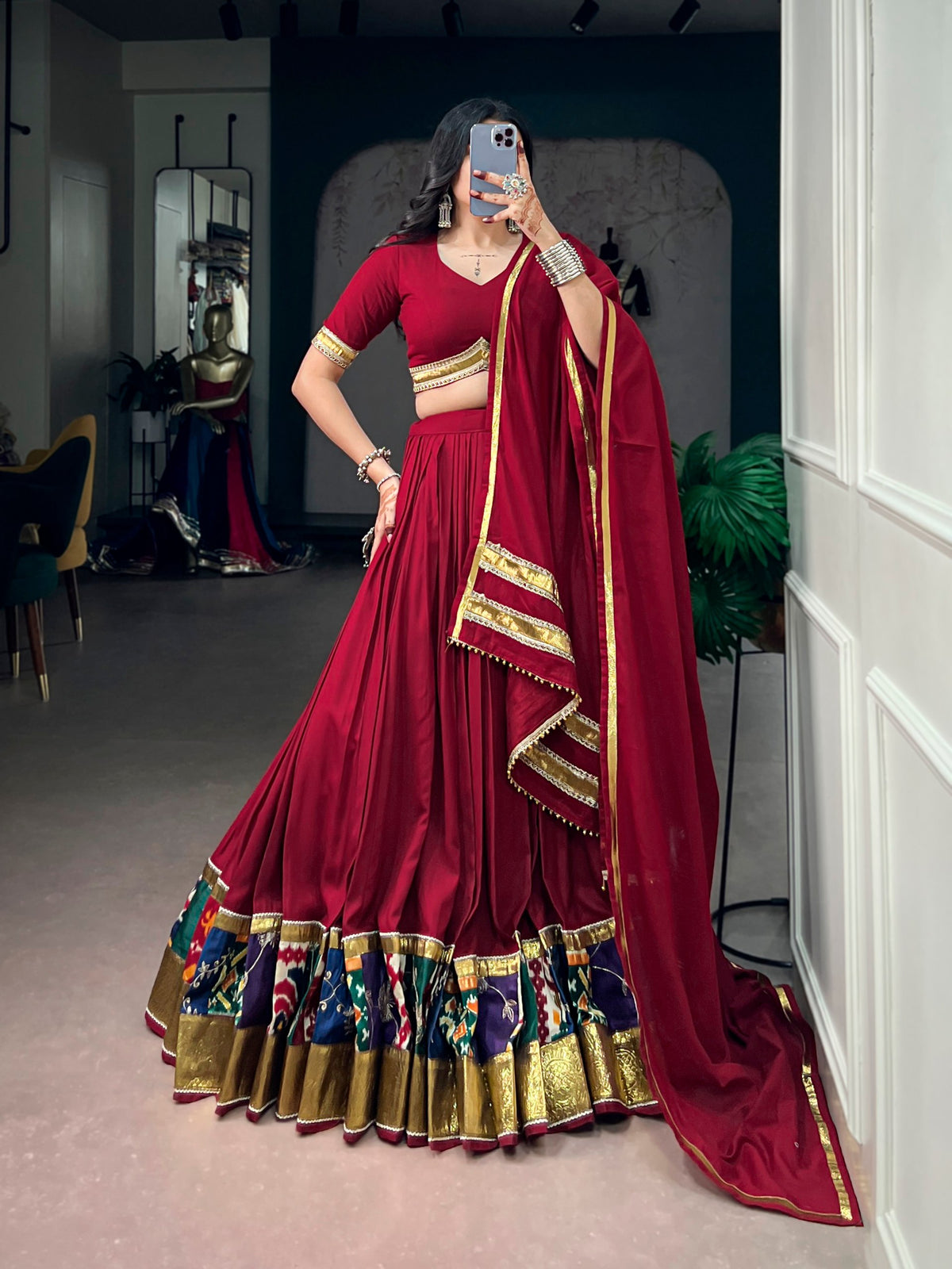 RangBhoomi Navratri Rayon Lehenga — Multicolour Printed Border with Embossed Lace
