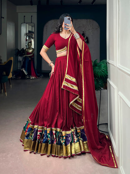 RangBhoomi Navratri Rayon Lehenga — Multicolour Printed Border with Embossed Lace