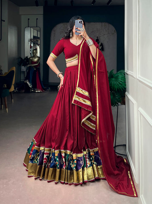 RangBhoomi Navratri Rayon Lehenga — Multicolour Printed Border with Embossed Lace