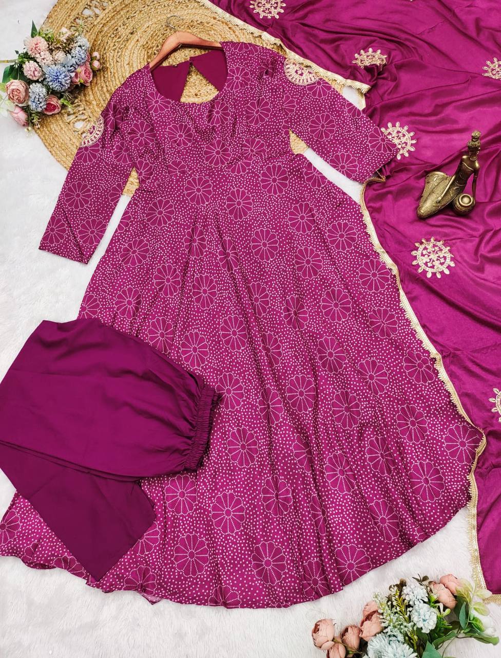 Elegant digital print gown with palazzo and dupatta set in purple.