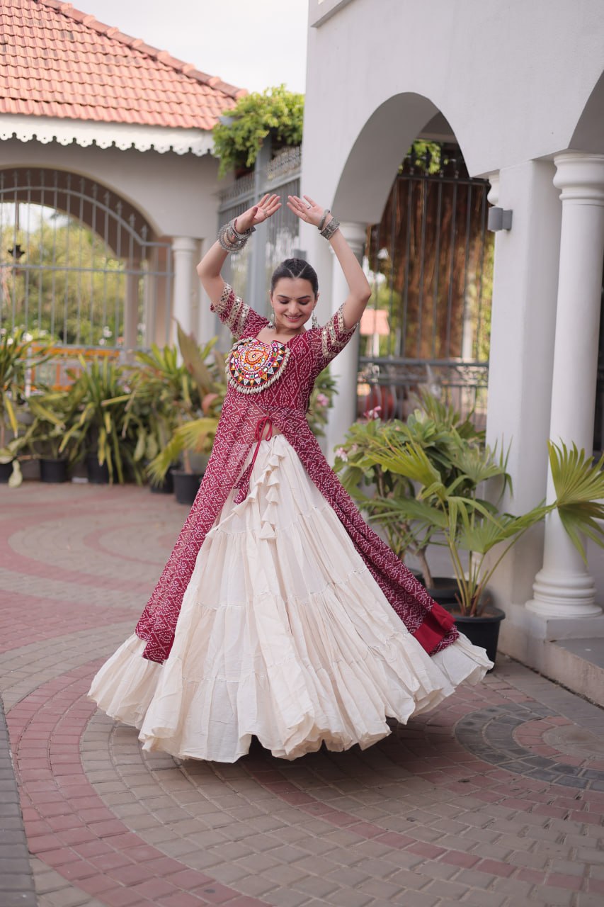 RangBhoomi Navratri 2026 Bandhani Lehenga Set — Full-Stitched Kora Cotton Lehenga with Faux Georgette Kurti