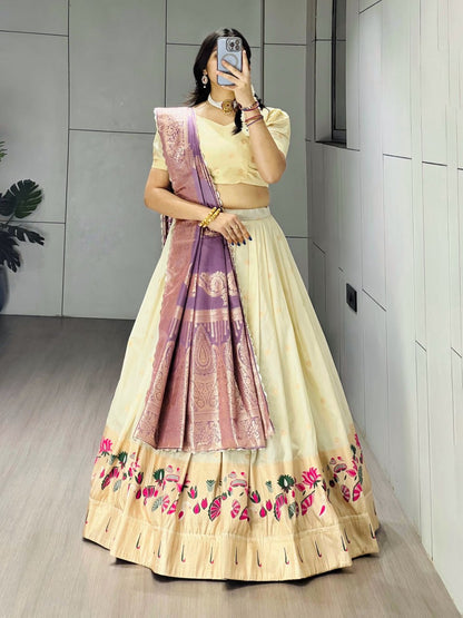 Exquisite Paithani Silk Lehenga with Vibrant Colorful Motifs, Iconic Gold Zari Border, and Signature Satin Silk Dupatta