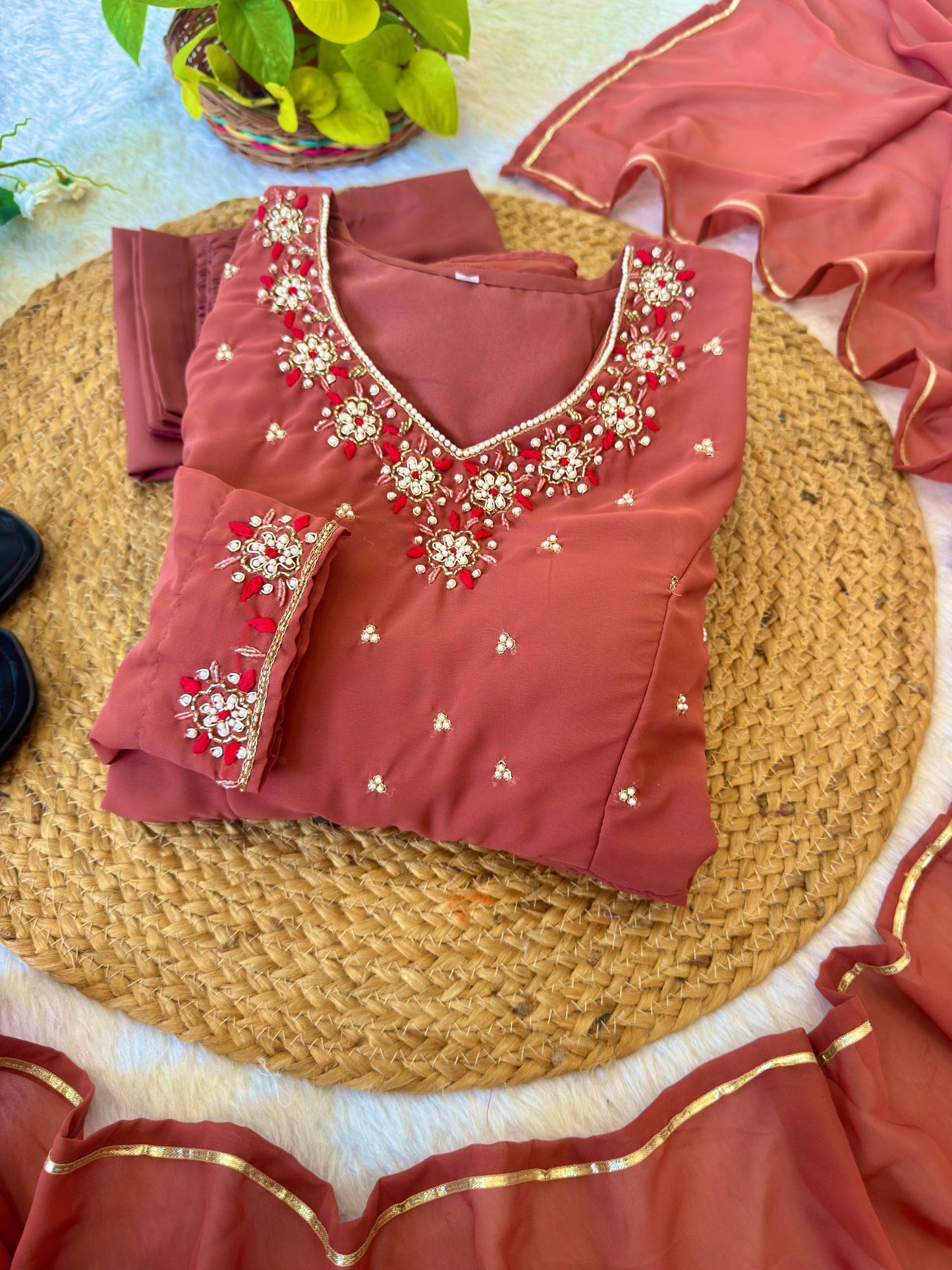 RangBhoomi Elegant Party Wear Fox Georgette Gown Set with Dupatta and Crepe Pants