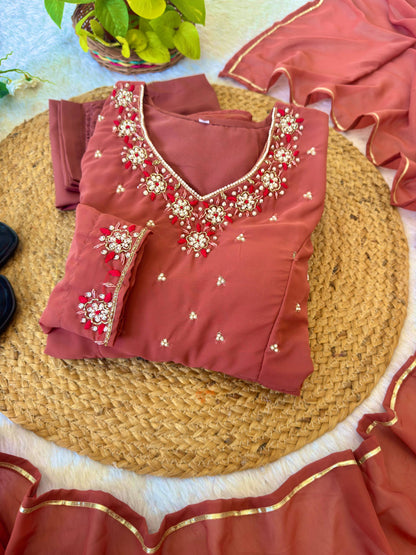 RangBhoomi Elegant Party Wear Fox Georgette Gown Set with Dupatta and Crepe Pants