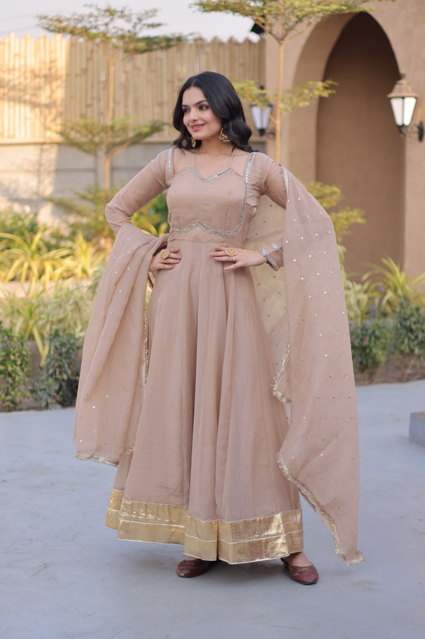 RangBhoomi Silver Mirror Lace Gown with Dupatta - Elegant Occasion Wear