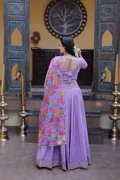 Elegant Lehengha Choli Set with Embroidered Cosmos Silk and Printed Tabby Silk Dupatta
