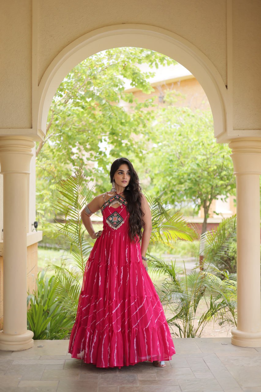 RangBhoomi Navratri Laheriya Patchwork Faux Georgette Gown - Sleeveless 56" Length, L (Adjustable 38-44)