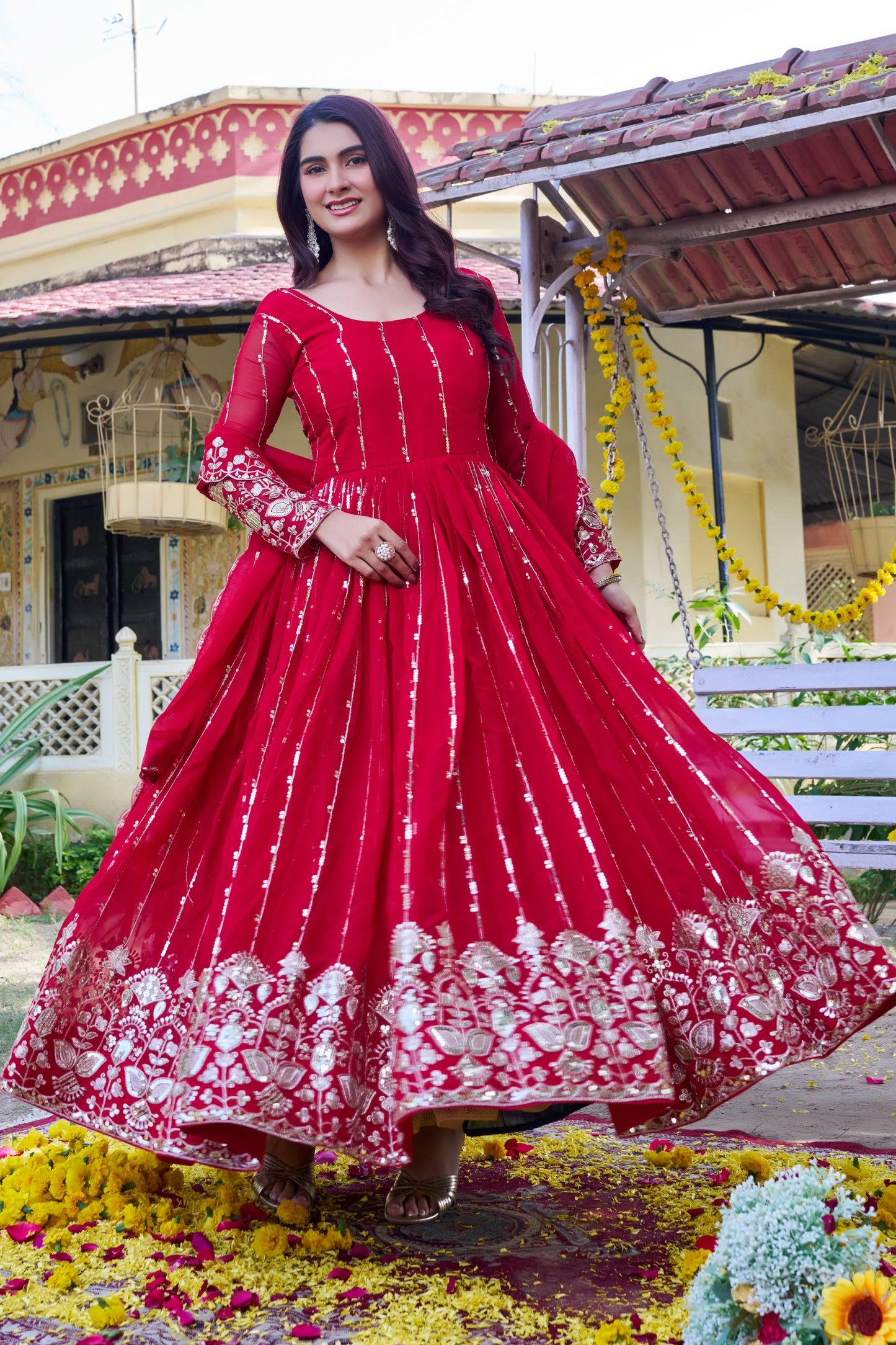 RangBhoomi New Festival Collection Long Gown with Dupatta – Elegant Fox Georgette Fabric with Heavy Sequence Embroidery