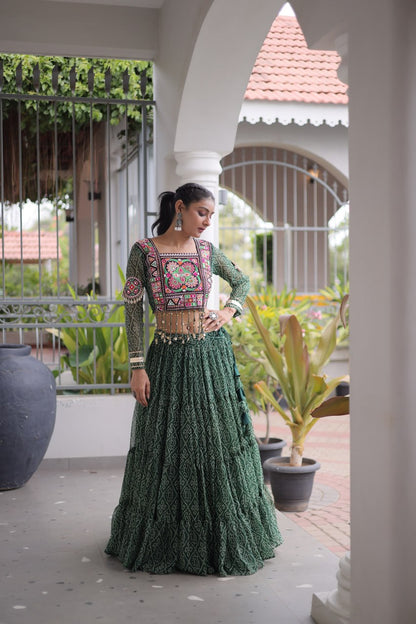 RangBhoomi Bandhni Faux Georgette Full-Stitched Lehenga Set with Designer Square Neck Blouse