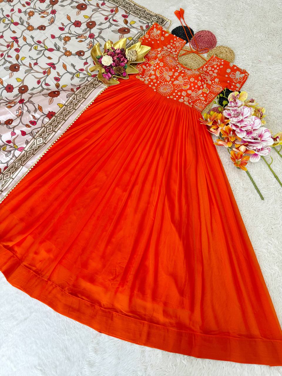 RangBhoomi Maggam Work Georgette Silk Gown with Kalamkari Dupatta — Festive Elegance
