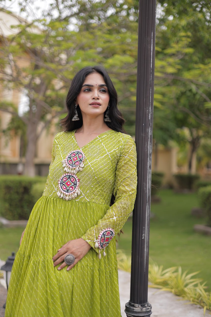 RangBhoomi Navratri Gown 2026 – Laheriya Print with Kutchi Patchwork, Faux Georgette Lined Cotton, Full Sleeve, 56 Inch Length