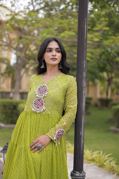 RangBhoomi Navratri Gown 2026 – Laheriya Print with Kutchi Patchwork, Faux Georgette Lined Cotton, Full Sleeve, 56 Inch Length
