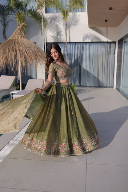 Elegant Lehenga Choli and Dupatta Ensemble in Fendi Silk with Multi-Thread Embroidery