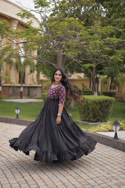RangBhoomi Navratri Embroidered Kora Cotton Gown — 54" Length, Half Sleeve (Maroon / Black)