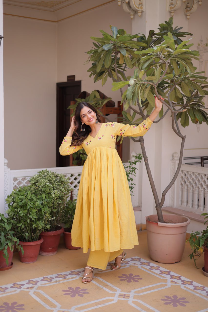 Premium Ready-to-Wear Embroidered Cotton Kurti with Matching Cotton Pants